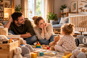 Junge Familie mit Kleinkind in einer gemütlichen, aber zunehmend vollen Wohnung