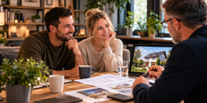 Paar bei einer Finanzberatung zum Thema Immobilienwunsch und Hauskauf